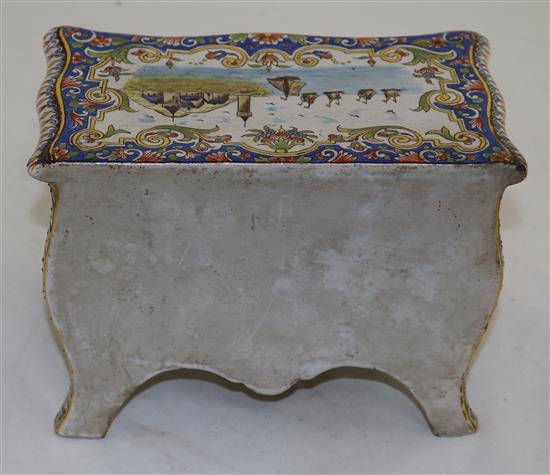 A French faience model of a two drawer commode, late 19th century, width 20.5cm (8in.)